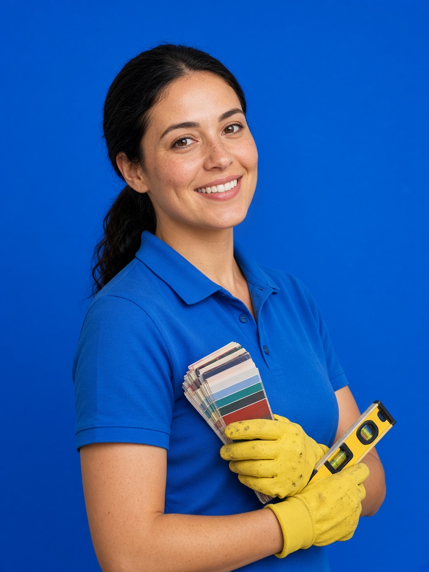Finish specialist in a blue polo holding color swatches and a yellow level