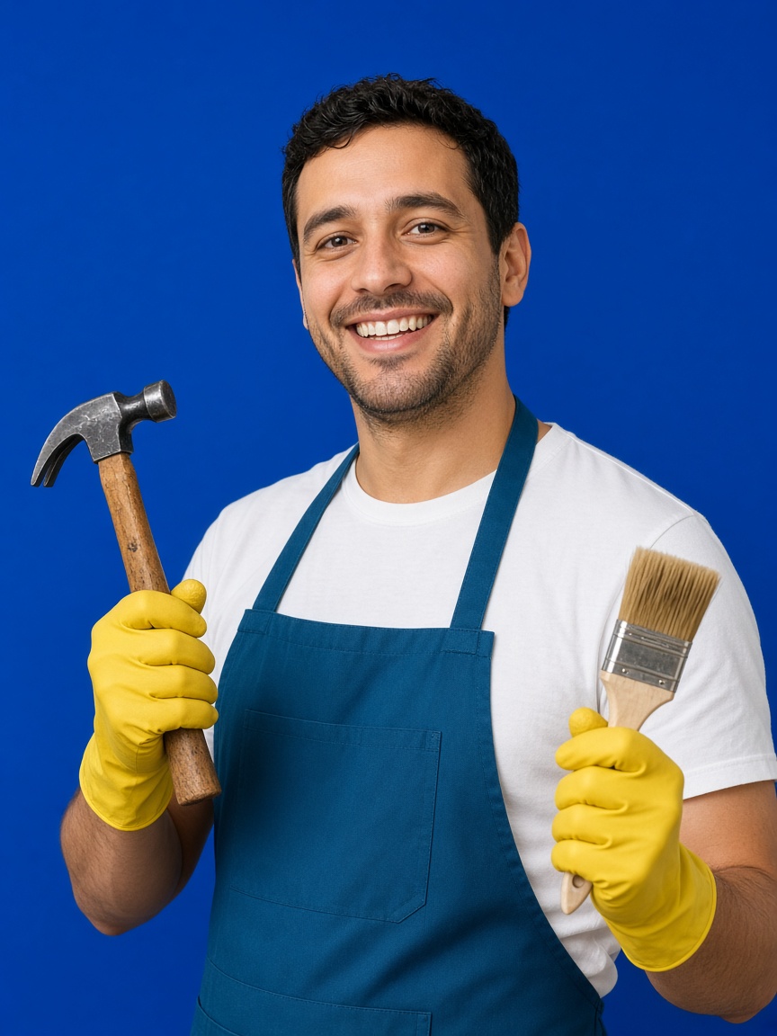 Craftsman in a blue apron and yellow gloves holding a hammer and a paintbrush