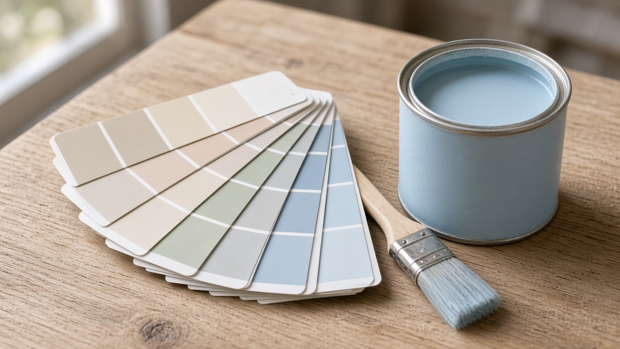 Paint color cards and a brush on an oak table beside a can of pale blue paint