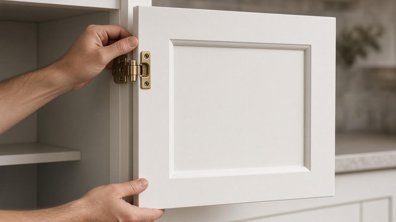 White shaker cabinet door being fitted with a brass hinge