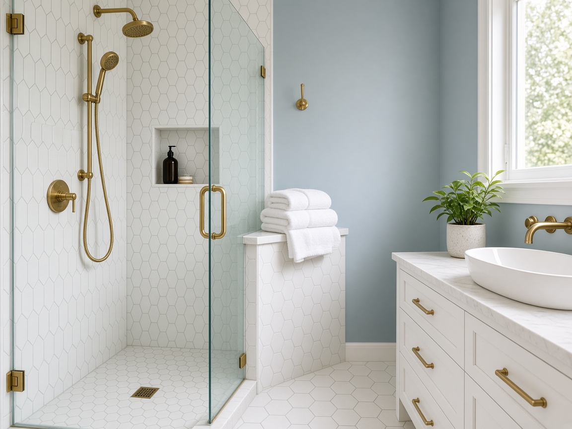 Renovated bathroom with a walk-in shower and soft blue-gray walls
