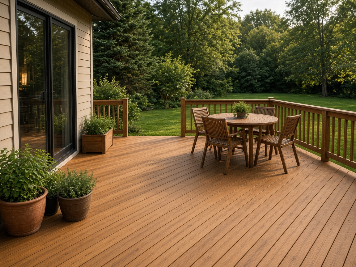 Cedar backyard deck with a simple railing and potted herbs