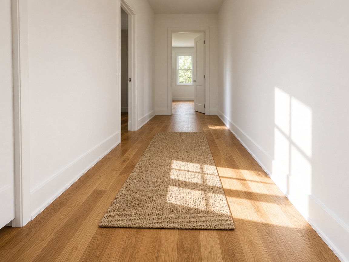 Hallway with newly laid warm oak hardwood and white baseboards