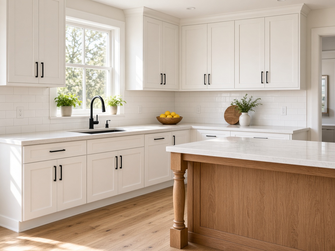 Remodeled kitchen with white shaker cabinets and a warm oak island