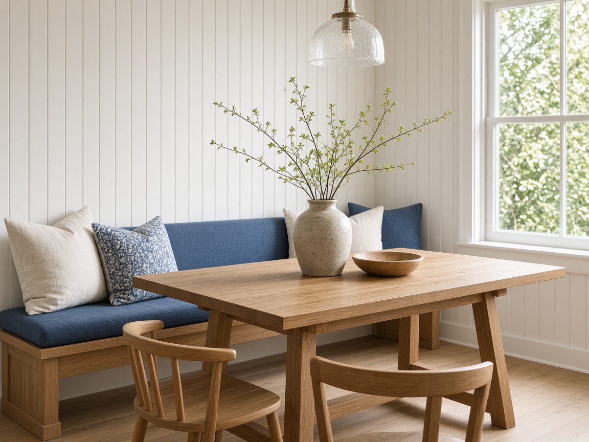 Dining nook with a built-in bench, blue cushions, and a large window