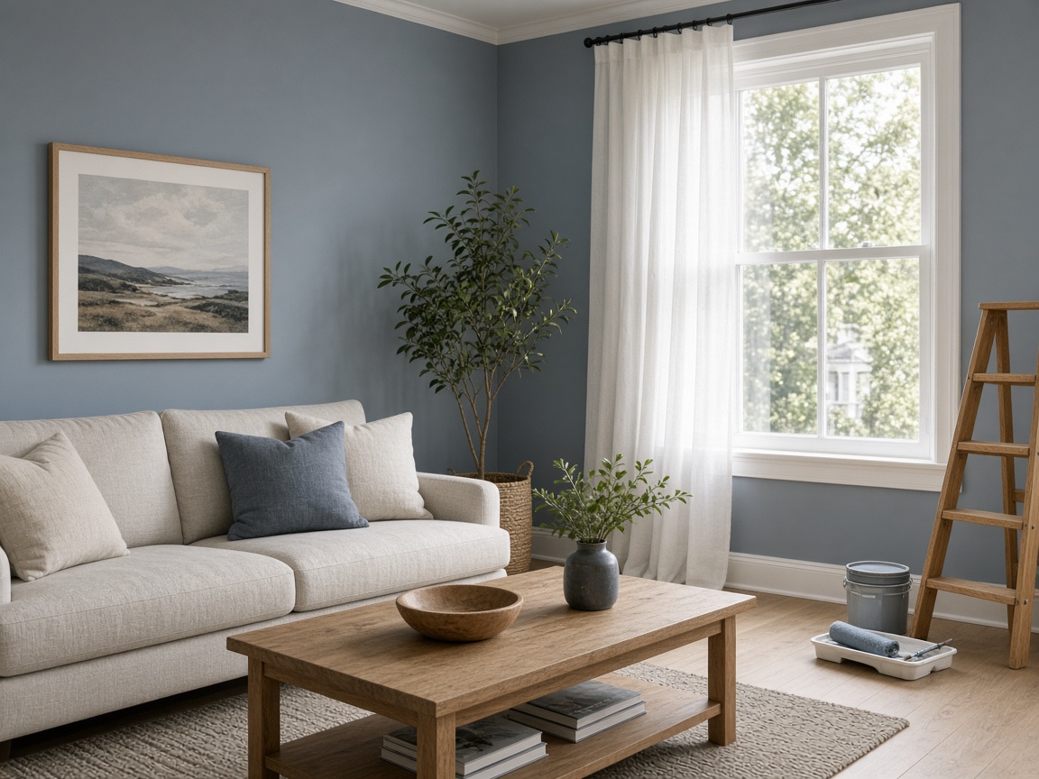 Freshly painted living room in a calm blue-gray with white trim